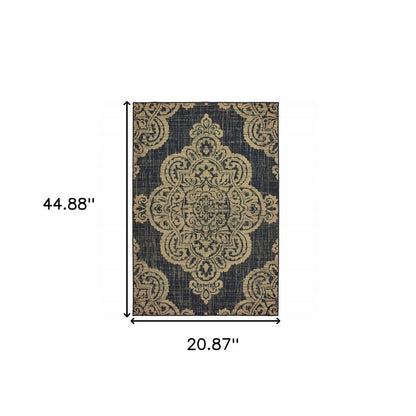2' X 4' Blue Oriental Stain Resistant Indoor Outdoor Area Rug