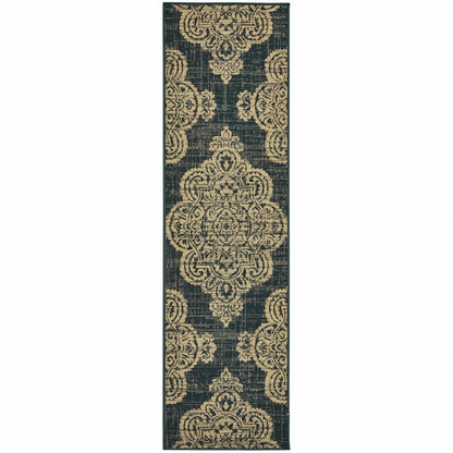 2' X 4' Blue Oriental Stain Resistant Indoor Outdoor Area Rug