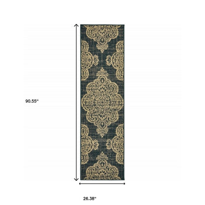 2' X 4' Blue Oriental Stain Resistant Indoor Outdoor Area Rug