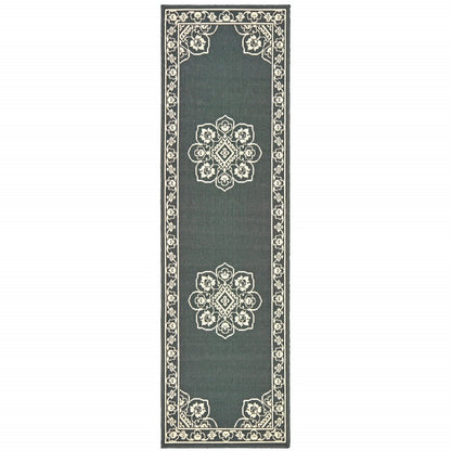 2' X 4' Gray and Ivory Oriental Stain Resistant Indoor Outdoor Area Rug