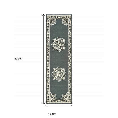 2' X 4' Gray and Ivory Oriental Stain Resistant Indoor Outdoor Area Rug