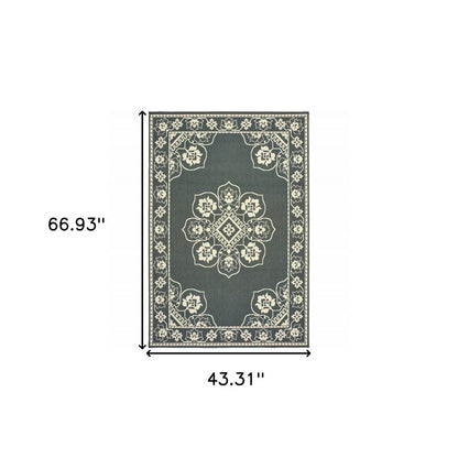2' X 4' Gray and Ivory Oriental Stain Resistant Indoor Outdoor Area Rug