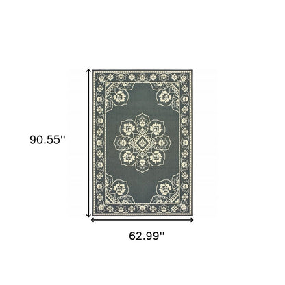 2' X 4' Gray and Ivory Oriental Stain Resistant Indoor Outdoor Area Rug