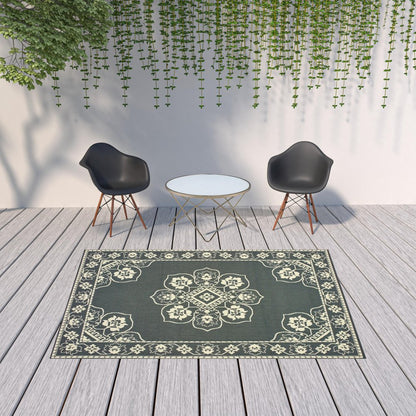 2' X 4' Gray and Ivory Oriental Stain Resistant Indoor Outdoor Area Rug