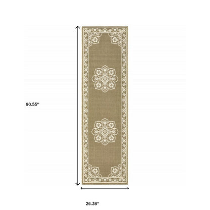 2' X 4' Gray and Ivory Oriental Stain Resistant Indoor Outdoor Area Rug