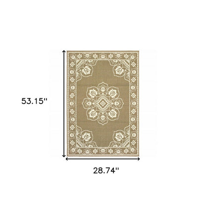 2' X 4' Gray and Ivory Oriental Stain Resistant Indoor Outdoor Area Rug