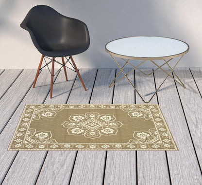 2' X 4' Gray and Ivory Oriental Stain Resistant Indoor Outdoor Area Rug