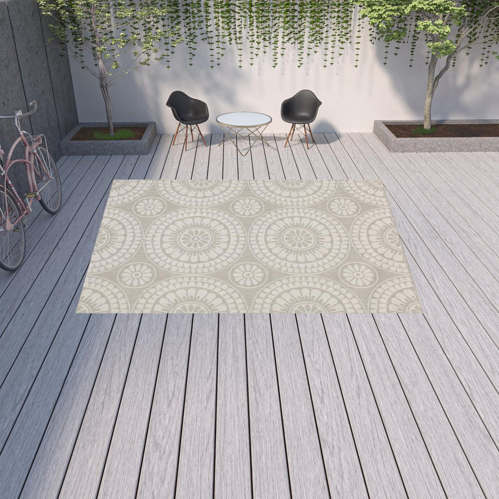 2' X 7' Gray and Ivory Geometric Stain Resistant Indoor Outdoor Area Rug