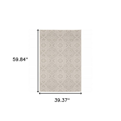 2' X 7' Gray and Ivory Floral Stain Resistant Indoor Outdoor Area Rug
