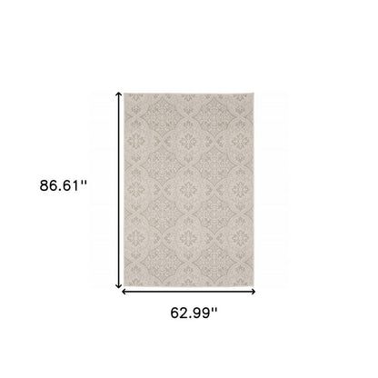 2' X 7' Gray and Ivory Floral Stain Resistant Indoor Outdoor Area Rug