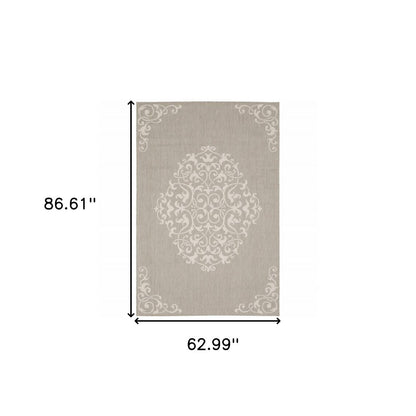 2' X 7' Gray and Ivory Oriental Stain Resistant Indoor Outdoor Area Rug