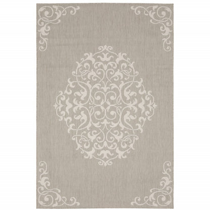 2' X 7' Gray and Ivory Oriental Stain Resistant Indoor Outdoor Area Rug