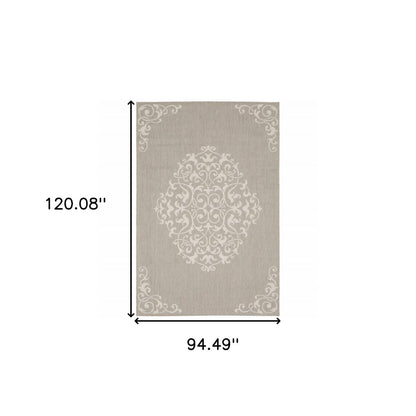 2' X 7' Gray and Ivory Oriental Stain Resistant Indoor Outdoor Area Rug