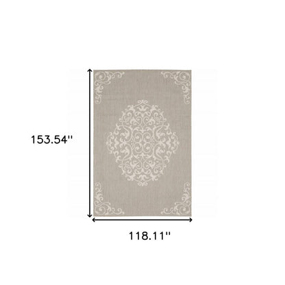 2' X 7' Gray and Ivory Oriental Stain Resistant Indoor Outdoor Area Rug