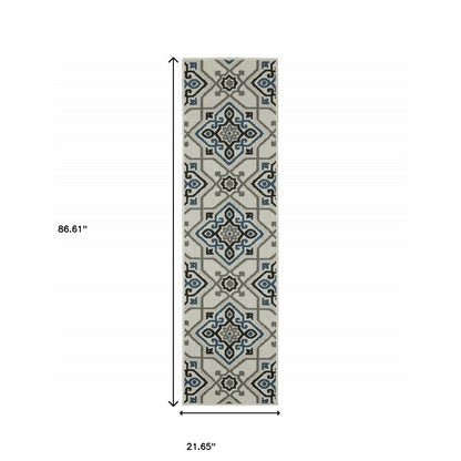 2' X 4' Blue and Beige Oriental Stain Resistant Indoor Outdoor Area Rug