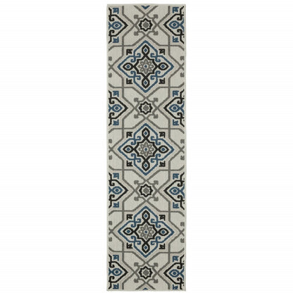 2' X 4' Blue and Beige Oriental Stain Resistant Indoor Outdoor Area Rug