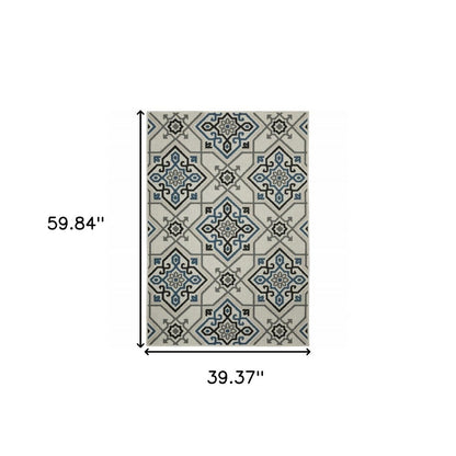 2' X 4' Blue and Beige Oriental Stain Resistant Indoor Outdoor Area Rug