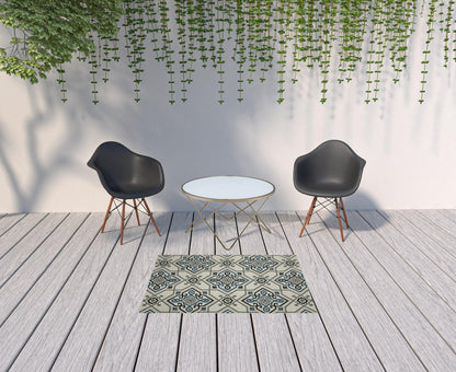 2' X 4' Blue and Beige Oriental Stain Resistant Indoor Outdoor Area Rug