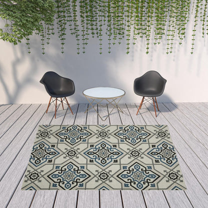 2' X 4' Blue and Beige Oriental Stain Resistant Indoor Outdoor Area Rug
