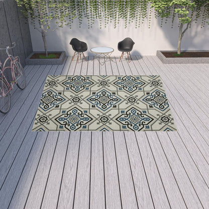 2' X 4' Blue and Beige Oriental Stain Resistant Indoor Outdoor Area Rug