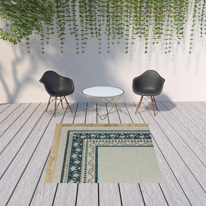 2' X 4' Blue and Beige Stain Resistant Indoor Outdoor Area Rug