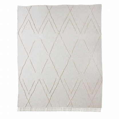Ivory Geometric Queen Cotton Coverlet With Fringe