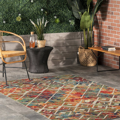 5' X 8' Red And Ivory Geometric Non Skid Indoor Outdoor Area Rug