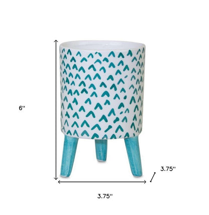 Set of Two Aqua Teal And White Ceramic 2 Ounce Chevron Round Distressed Pot Planters