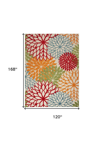 10' X 14' Green Orange And Red Indoor Outdoor Area Rug