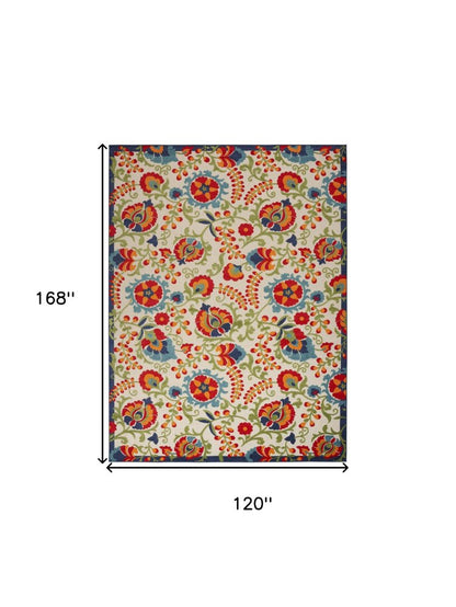 10' X 14' Ivory Blue And Orange Indoor Outdoor Area Rug