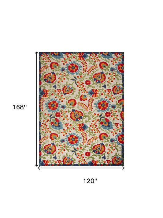 10' X 14' Ivory Blue And Orange Indoor Outdoor Area Rug