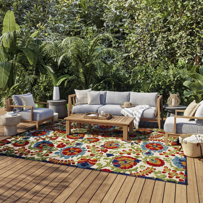 10' X 14' Ivory Blue And Orange Indoor Outdoor Area Rug
