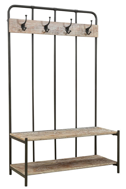 71" Black And Brown Metal And Solid Wood Four Hooks Freestanding Coat Rack