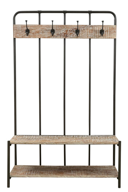 71" Black And Brown Metal And Solid Wood Four Hooks Freestanding Coat Rack