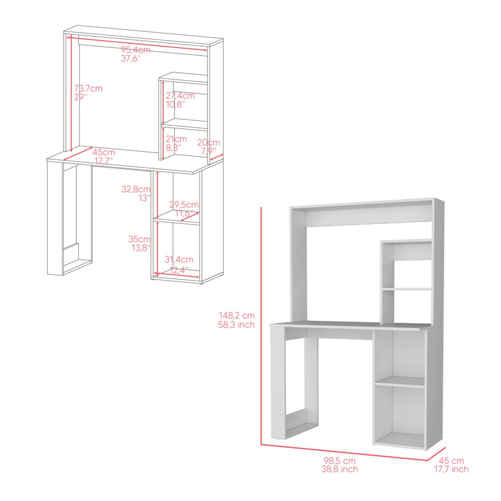 39" White Wood Computer Desk With Hutch