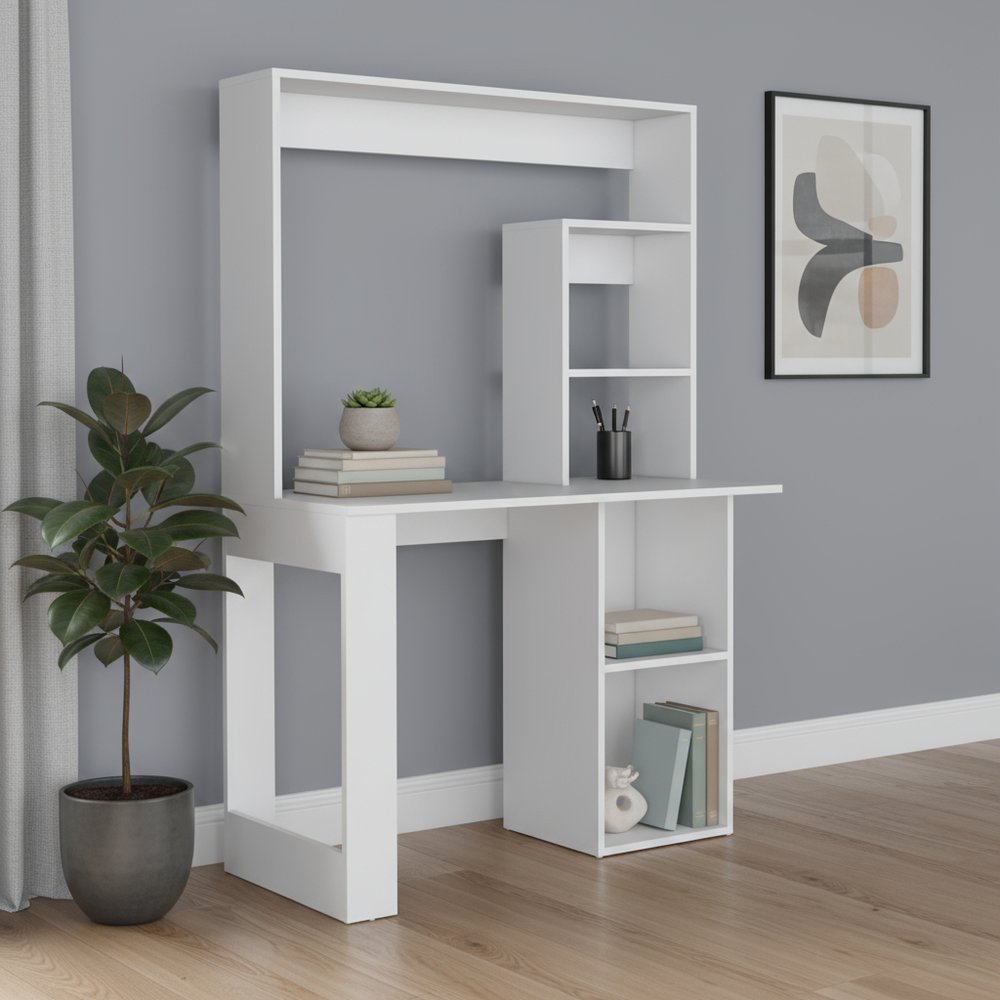 39" White Wood Computer Desk With Hutch