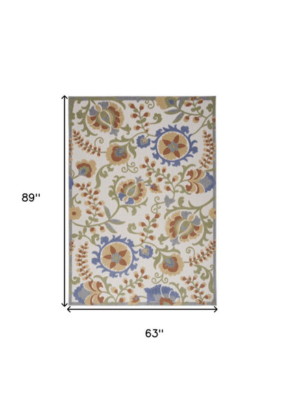 5' X 7' Ivory And Blue Indoor Outdoor Area Rug