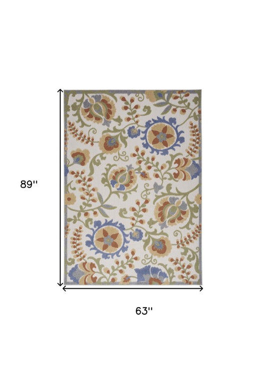 5' X 7' Ivory And Blue Indoor Outdoor Area Rug