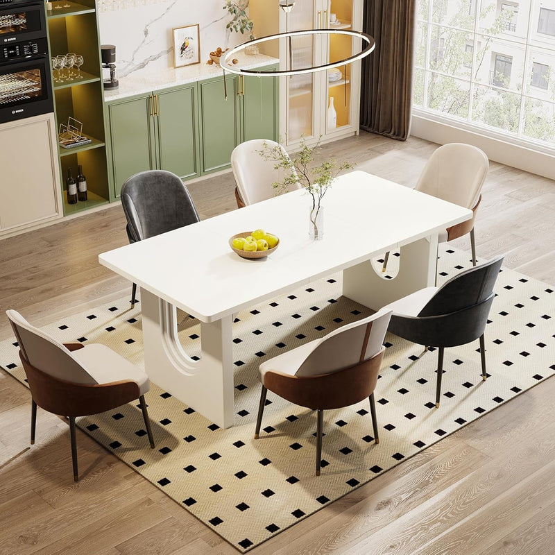 Modern Dining Table for 6 to 8 People, 71" Large Kitchen Dining Table with Wood Pedestal Base, Rectangular Long Dinner Table for Kitchen, Dining Room, Living Room, White-2