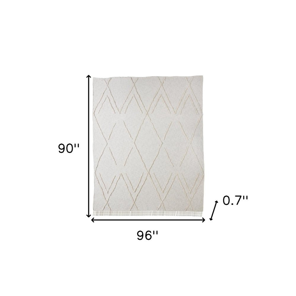 Ivory Geometric Twin Cotton Coverlet With Fringe