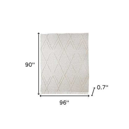 Ivory Geometric Twin Cotton Coverlet With Fringe