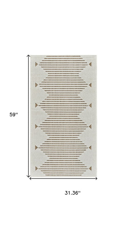 3' X 5' Beige and Brown Geometric Distressed Indoor Outdoor Area Rug