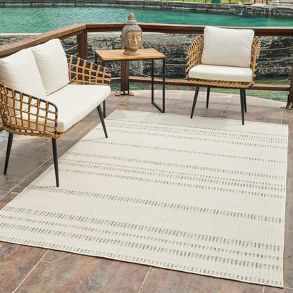 3' X 5' Cream and Beige Striped Distressed Indoor Outdoor Area Rug