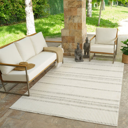 3' X 5' Cream and Beige Striped Distressed Indoor Outdoor Area Rug