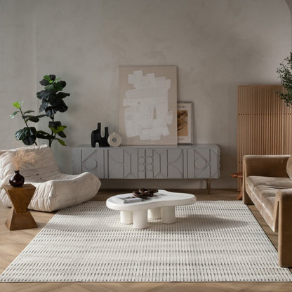 3' X 5' Cream and Beige Striped Distressed Indoor Outdoor Area Rug