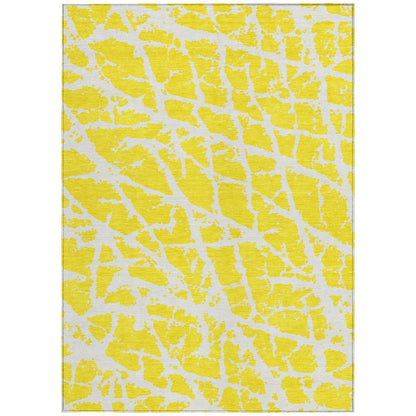 2' X 3' Yellow and White Abstract Washable Non Skid Indoor Outdoor Area Rug