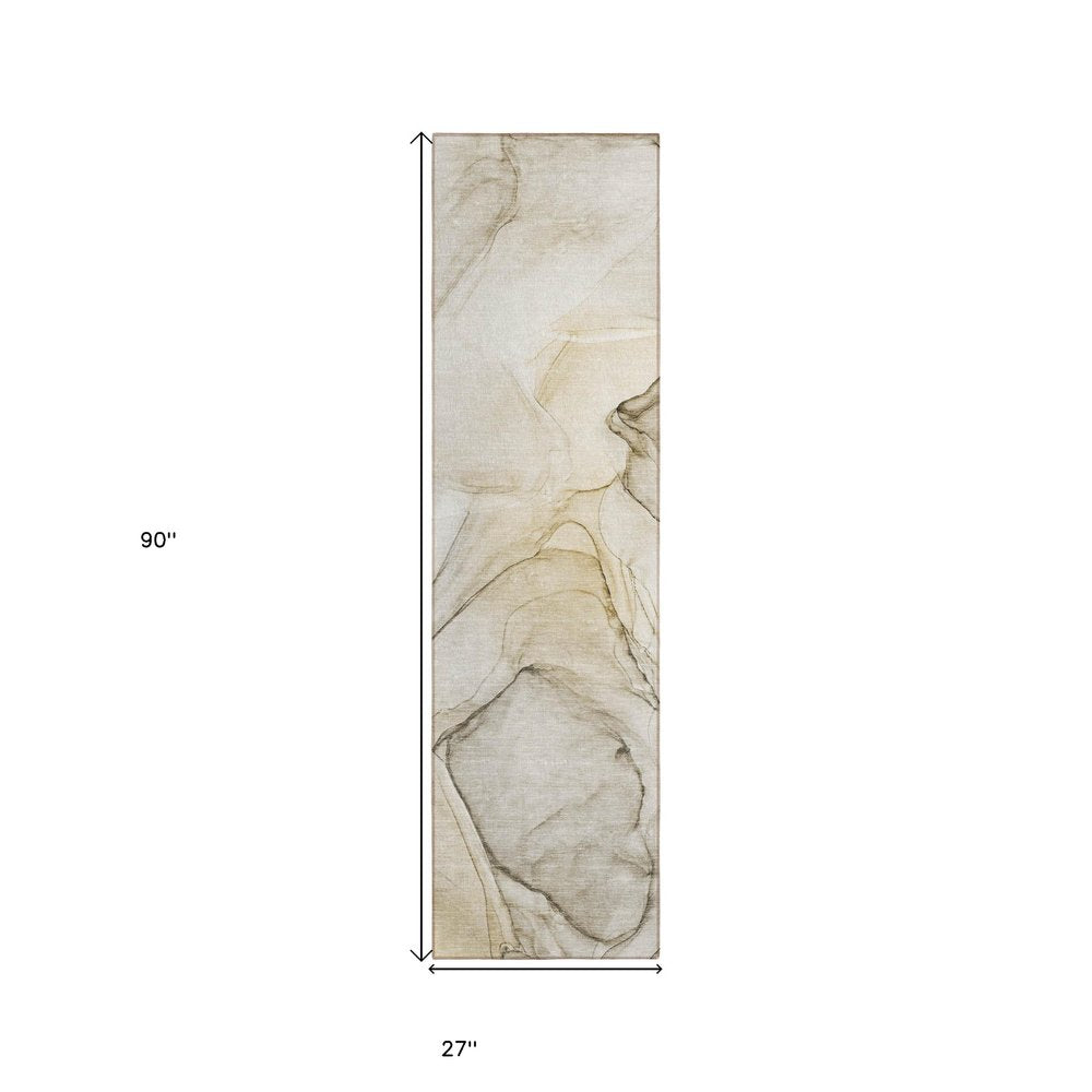8' Runner Beige and Gray Abstract Washable Non Skid Indoor Outdoor Runner Rug