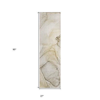 8' Runner Beige and Gray Abstract Washable Non Skid Indoor Outdoor Runner Rug