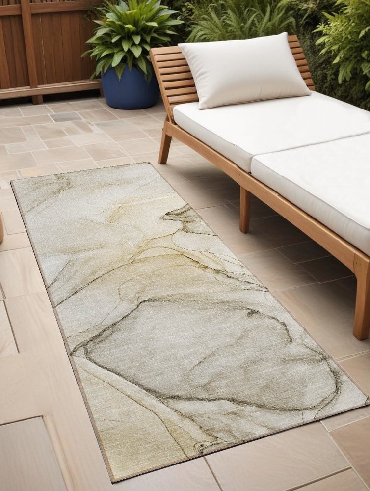 8' Runner Beige and Gray Abstract Washable Non Skid Indoor Outdoor Runner Rug