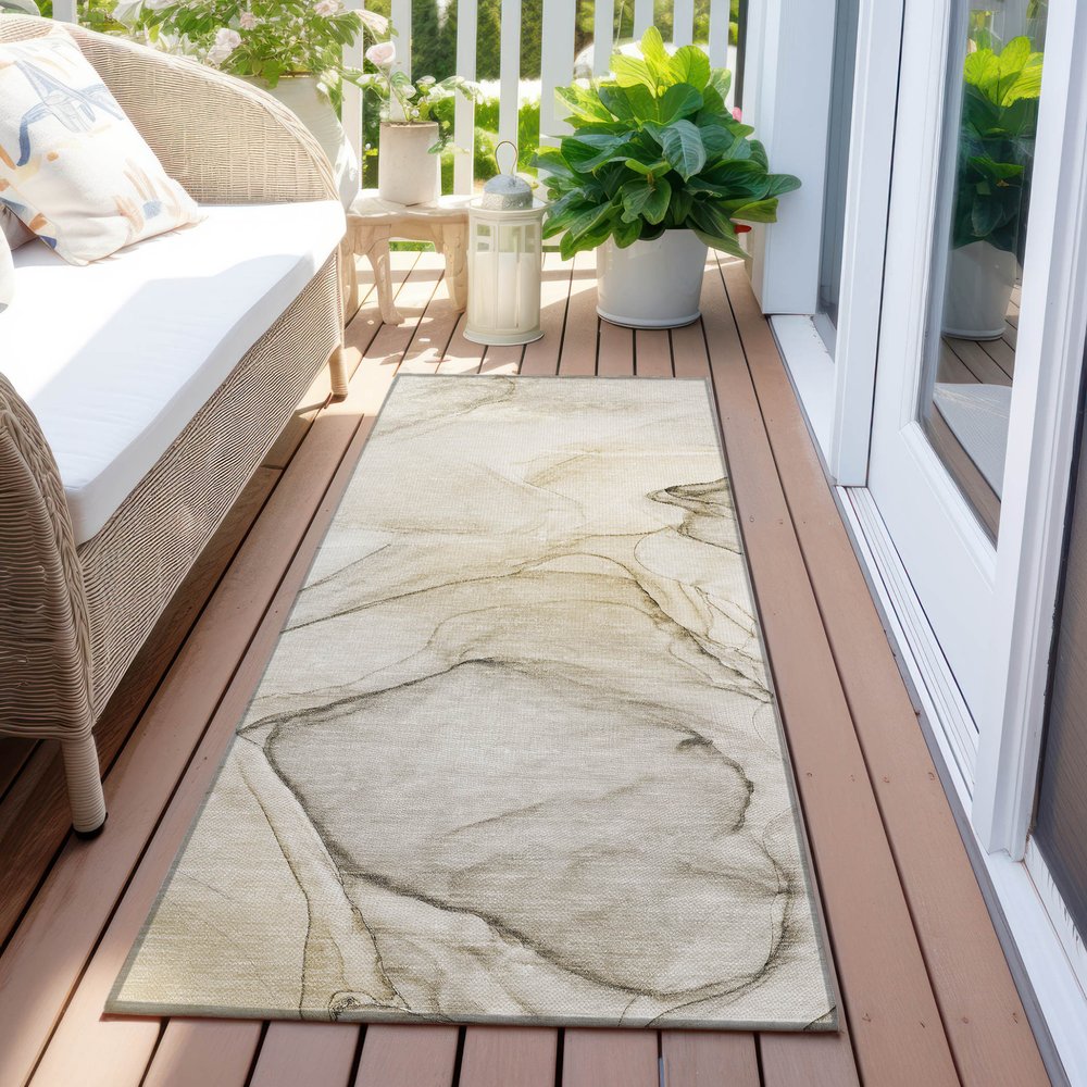 8' Runner Beige and Gray Abstract Washable Non Skid Indoor Outdoor Runner Rug